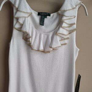 RALPH LAUREN KNIT SLVLS TANK RUFFLED NECK GOLD METALLIC TRIM NWT PETITE/PETITE